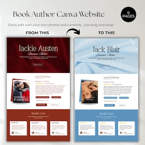 Peut inclure: Un mod&egrave;le de site web pour auteurs, pr&eacute;sentant un avant-apr&egrave;s. Le c&ocirc;t&eacute; "FROM THIS" est marron avec "Jackie Austen" et une couverture de livre. Le c&ocirc;t&eacute; "TO THIS" est bleu avec "Jack Blair" et une autre couverture de livre.