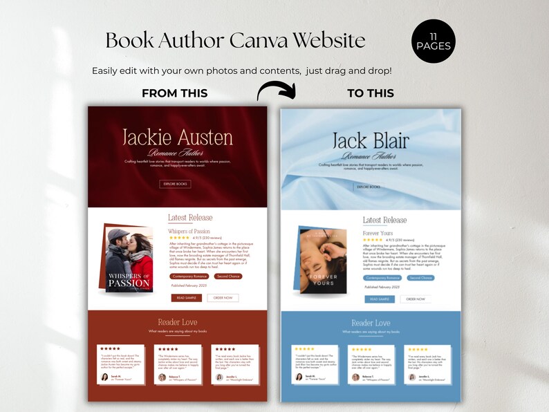 Peut inclure: Un mod&egrave;le de site web pour auteurs, pr&eacute;sentant un avant-apr&egrave;s. Le c&ocirc;t&eacute; "FROM THIS" est marron avec "Jackie Austen" et une couverture de livre. Le c&ocirc;t&eacute; "TO THIS" est bleu avec "Jack Blair" et une autre couverture de livre.