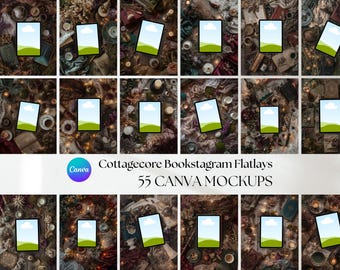 May include: A collection of 15 mockups with a cottagecore aesthetic. Each mockup features a digital tablet with a sky and grass background, surrounded by vintage books, flowers, and decorative items. The text "Cottagecore Bookstagram Flatlays 55 CANVA MOCKUPS" is visible.