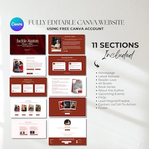 Peut inclure: Mod&egrave;le de site web Canva modifiable, avec une palette de couleurs bordeaux et blanche. Il comprend des sections pour la page d'accueil, les nouveaut&eacute;s, les avis des lecteurs, les livres, les s&eacute;ries, et plus. Le texte indique "FULLY EDITABLE CANVA WEBSITE".
