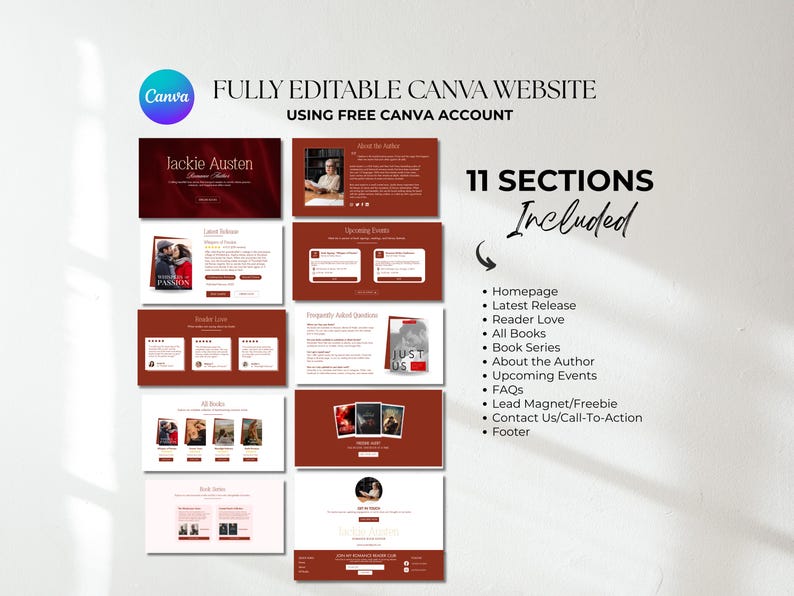 Peut inclure: Mod&egrave;le de site web Canva modifiable, avec une palette de couleurs bordeaux et blanche. Il comprend des sections pour la page d'accueil, les nouveaut&eacute;s, les avis des lecteurs, les livres, les s&eacute;ries, et plus. Le texte indique "FULLY EDITABLE CANVA WEBSITE".