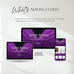 May include: A mockup of a website design displayed on a laptop, desktop monitor, and smartphone. The website features a purple and white color scheme with the text "Jackie Austen Romance Author". The image also includes the text "What's NOT INCLUDED:" and a disclaimer.