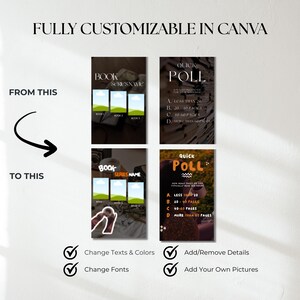 以下が含まれることがあります： Canvaのカスタマイズ可能なテンプレートを示す画像です。「FULLY CUSTOMIZABLE IN CANVA」のテキストが上部にあります。本のシリーズとクイック投票テンプレートの例が含まれており、テキスト、色、フォントを変更したり、詳細や画像を追加したりするオプションがあります。