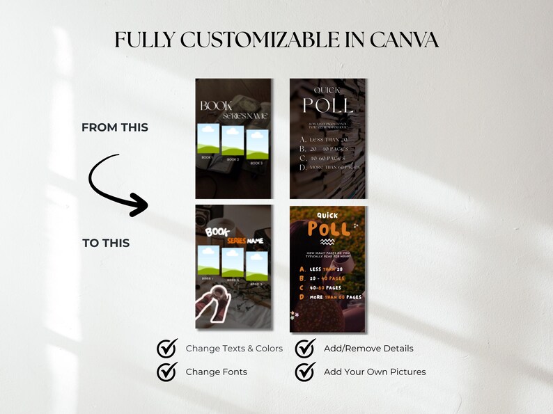 以下が含まれることがあります： Canvaのカスタマイズ可能なテンプレートを示す画像です。「FULLY CUSTOMIZABLE IN CANVA」のテキストが上部にあります。本のシリーズとクイック投票テンプレートの例が含まれており、テキスト、色、フォントを変更したり、詳細や画像を追加したりするオプションがあります。