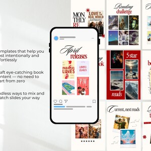 Puede incluir: Un smartphone muestra plantillas de Instagram con tem&aacute;tica de libros. Las plantillas presentan portadas de libros, rese&ntilde;as y desaf&iacute;os de lectura. El texto incluye "April releases", "5 star reads" y "Short book review". El dise&ntilde;o es limpio y moderno, con enfoque en el atractivo visual.