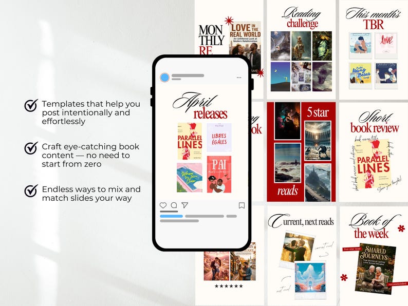 Puede incluir: Un smartphone muestra plantillas de Instagram con tem&aacute;tica de libros. Las plantillas presentan portadas de libros, rese&ntilde;as y desaf&iacute;os de lectura. El texto incluye "April releases", "5 star reads" y "Short book review". El dise&ntilde;o es limpio y moderno, con enfoque en el atractivo visual.