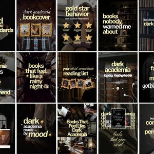 Op de afbeelding: Een verzameling van vijftien digitale afbeeldingen met dark academia-thema's, gouden tekstoverlays en boekgerelateerde beelden. De ontwerpen bevatten zinnen zoals books that ruined my reading standards, gold star behavior en dark academia.