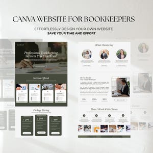 K&ouml;nnte beinhalten: Ein Website-Design-Template f&uuml;r Buchhalter, mit einem sauberen, modernen Layout. Das Design umfasst Abschnitte f&uuml;r Dienstleistungen, Kundenbewertungen und Preisoptionen. Der Text auf dem Bild lautet "CANVA WEBSITE FOR BOOKKEEPERS" und "EFFORTLESSLY DESIGN YOUR OWN WEBSITE SAVE YOUR TIME AND EFFORT."
