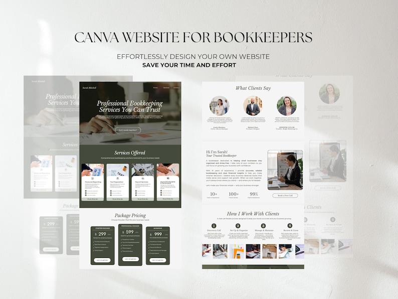 K&ouml;nnte beinhalten: Ein Website-Design-Template f&uuml;r Buchhalter, mit einem sauberen, modernen Layout. Das Design umfasst Abschnitte f&uuml;r Dienstleistungen, Kundenbewertungen und Preisoptionen. Der Text auf dem Bild lautet "CANVA WEBSITE FOR BOOKKEEPERS" und "EFFORTLESSLY DESIGN YOUR OWN WEBSITE SAVE YOUR TIME AND EFFORT."