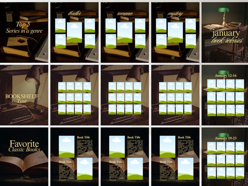 May include: A collage of images promoting books and reading. The top row features text that reads "Top 5 Series in a genre", "Thriller", "Romance", "Mystery", and "January book releases". Other images include "Bookshelf Tour" and "Favorite Classic Books".