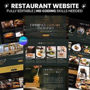 Modelo de site de restaurante de catering Canva, página de vendas do Chef Canva, página de destino de cafeteria, modelo de menu de bar DFY, site de restaurante elegante