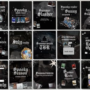 May include: A collection of fifteen black and white digital graphics featuring gothic typography and book-related themes. Each square panel displays text such as Summerween Book List, Spooky book recs, and Summer Slasher, accompanied by small book cover images, spiderwebs, and stars.