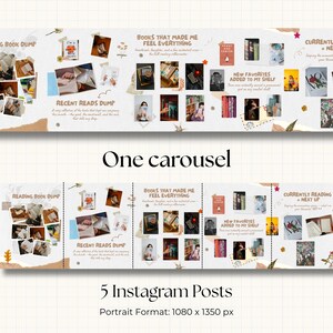 May include: A graphic for Instagram posts showcasing book recommendations. The design features multiple images of books, text, and decorative elements. The text includes phrases like "Reading Book Dump," "Books That Made Me Feel Everything," and "New Favorites Added to My Shelf."