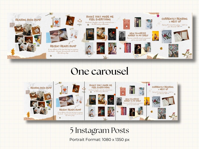 May include: A graphic for Instagram posts showcasing book recommendations. The design features multiple images of books, text, and decorative elements. The text includes phrases like "Reading Book Dump," "Books That Made Me Feel Everything," and "New Favorites Added to My Shelf."