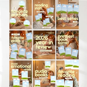 May include: A nine-panel social media template grid featuring light yellow text overlays on images of a person reading. The panels include headings like favorite authors, reading stats, best series, favorite reads, 2026 year in review, and audio books.