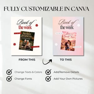 Puede incluir: Imagen que muestra un concepto de dise&ntilde;o para portadas de libros, con el texto "Book of the Week". La imagen destaca la capacidad de personalizar texto, colores, fuentes, y agregar o eliminar detalles e im&aacute;genes. "Totalmente personalizable en Canva" est&aacute; en la parte superior.