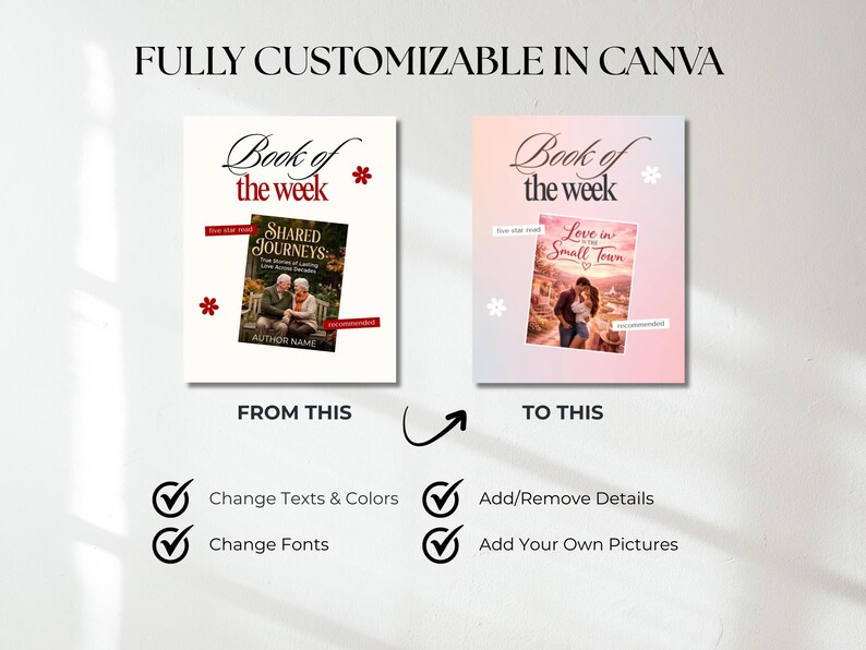 Puede incluir: Imagen que muestra un concepto de dise&ntilde;o para portadas de libros, con el texto "Book of the Week". La imagen destaca la capacidad de personalizar texto, colores, fuentes, y agregar o eliminar detalles e im&aacute;genes. "Totalmente personalizable en Canva" est&aacute; en la parte superior.