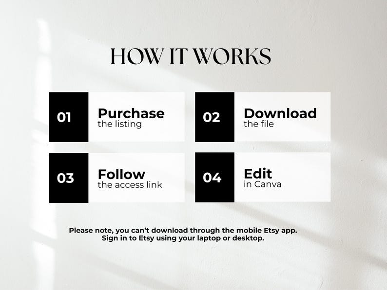May include: A graphic with the text "HOW IT WORKS" and four steps: Purchase the listing, Download the file, Follow the access link, and Edit in Canva. The image also includes a note about downloading on a laptop or desktop.