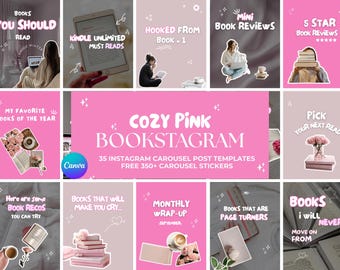 May include: A collection of pink and white Instagram post templates with book-related themes. The image includes text such as "Cozy Pink Bookstagram", "Books You Should Read", and "Kindle Unlimited Must Reads".