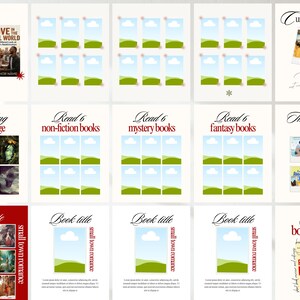 Puede incluir: Una colecci&oacute;n de gr&aacute;ficos con tem&aacute;tica de libros sobre un fondo blanco. Los gr&aacute;ficos incluyen texto como "Resumen mensual", "Desaf&iacute;o de lectura" y "Favorito". Tambi&eacute;n hay gr&aacute;ficos con el texto "Lee 6 libros de no ficci&oacute;n", "Lee 6 libros de misterio" y "Lee 6 libros de fantas&iacute;a".