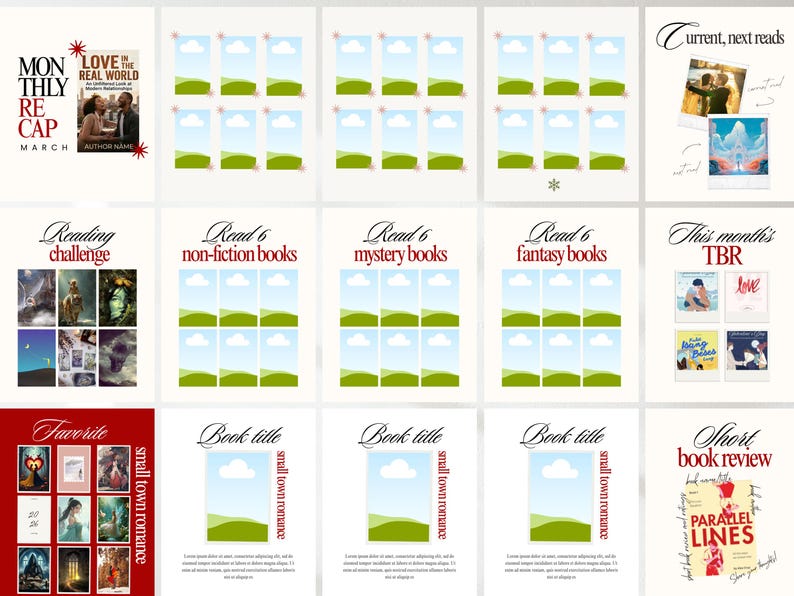 Puede incluir: Una colecci&oacute;n de gr&aacute;ficos con tem&aacute;tica de libros sobre un fondo blanco. Los gr&aacute;ficos incluyen texto como "Resumen mensual", "Desaf&iacute;o de lectura" y "Favorito". Tambi&eacute;n hay gr&aacute;ficos con el texto "Lee 6 libros de no ficci&oacute;n", "Lee 6 libros de misterio" y "Lee 6 libros de fantas&iacute;a".
