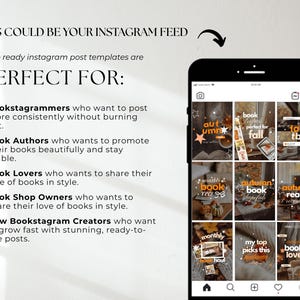 May include: A black smartphone displaying a grid of nine Instagram post templates featuring autumn-themed imagery, text overlays like 'autumn', 'fall tbr', and 'monthly book recs', and decorative star icons, presented alongside promotional text.