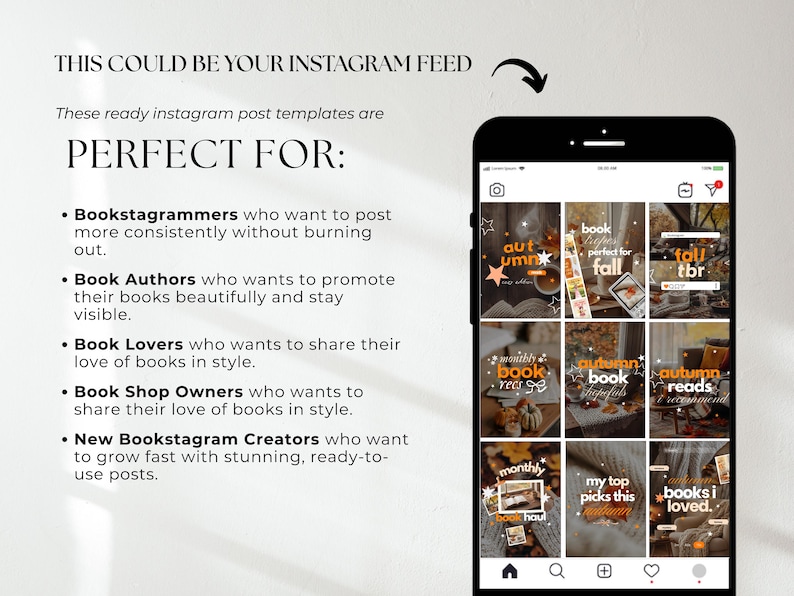 May include: A black smartphone displaying a grid of nine Instagram post templates featuring autumn-themed imagery, text overlays like 'autumn', 'fall tbr', and 'monthly book recs', and decorative star icons, presented alongside promotional text.