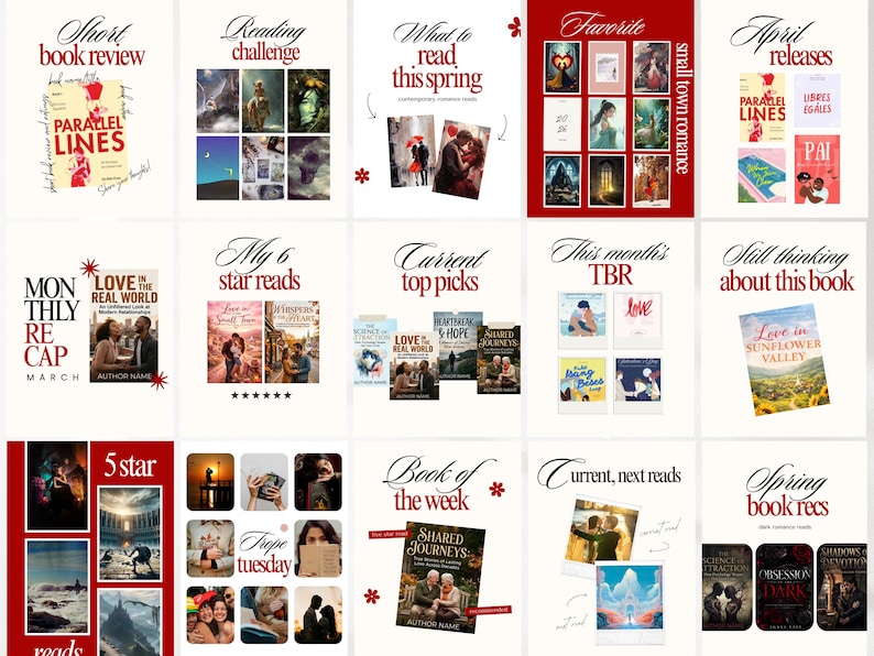Bookstagram Canva Template Romance Carousel Post Kit Trendy Red White BookTok Templates Editable Reading Tracker Book Review Kit