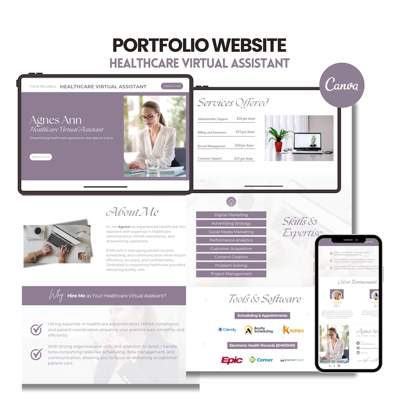 Healthcare Virtual Assistant Portfolio Website Template Editable Canva ...