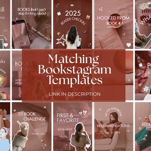 Peut inclure: Ensemble de mod&egrave;les Bookstagram assortis, dans une palette de couleurs brun-rouge. Les mod&egrave;les pr&eacute;sentent des superpositions de texte avec des phrases telles que &laquo;&nbsp;les livres que je recommanderai toujours&nbsp;&raquo; et &laquo;&nbsp;2025 Reader Check-in&nbsp;&raquo;. Le texte central indique &laquo;&nbsp;Matching Bookstagram Templates&nbsp;&raquo;.