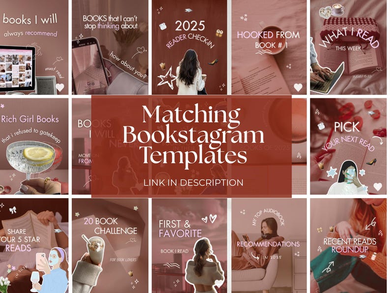 Peut inclure: Ensemble de mod&egrave;les Bookstagram assortis, dans une palette de couleurs brun-rouge. Les mod&egrave;les pr&eacute;sentent des superpositions de texte avec des phrases telles que &laquo;&nbsp;les livres que je recommanderai toujours&nbsp;&raquo; et &laquo;&nbsp;2025 Reader Check-in&nbsp;&raquo;. Le texte central indique &laquo;&nbsp;Matching Bookstagram Templates&nbsp;&raquo;.
