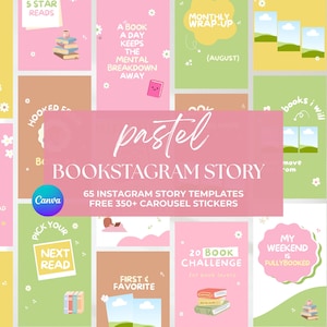Może przedstawiać: Zestaw pastelowych szablonów historii na Instagramie dla miłośników książek. Projekt zawiera różne grafiki i elementy tekstowe, takie jak "Book Club", "5 Star Reads" i "Monthly Wrap-Up". Szablony są przeznaczone do użytku z Canva.