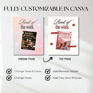 Pode incluir: Imagem mostrando dois designs de capas de livros, rotulados como "Book of the Week". O design esquerdo apresenta "Shared Journeys" com um casal de idosos. O design direito mostra "Whispers of the Heart" com um casal. Texto: "FULLY CUSTOMIZABLE IN CANVA."