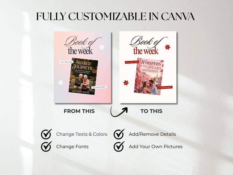 Pode incluir: Imagem mostrando dois designs de capas de livros, rotulados como "Book of the Week". O design esquerdo apresenta "Shared Journeys" com um casal de idosos. O design direito mostra "Whispers of the Heart" com um casal. Texto: "FULLY CUSTOMIZABLE IN CANVA."