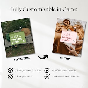 May include: A digital template display featuring the text Fully Customizable in Canva. Two square images show a holiday reading guide folder, one green on grass and one pink on a blanket, with checkmarks for changing text, colors, fonts, and images.