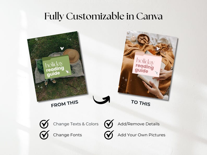 May include: A digital template display featuring the text Fully Customizable in Canva. Two square images show a holiday reading guide folder, one green on grass and one pink on a blanket, with checkmarks for changing text, colors, fonts, and images.