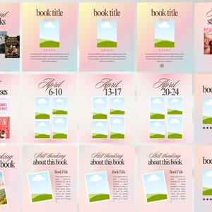 Pode incluir: Um gr&aacute;fico com recomenda&ccedil;&otilde;es e t&iacute;tulos de livros, com textos como "Melhores escolhas atuais", "Lan&ccedil;amentos de abril" e "Ainda pensando neste livro". O design inclui imagens de capas de livros e modelos para t&iacute;tulos, em um fundo pastel.