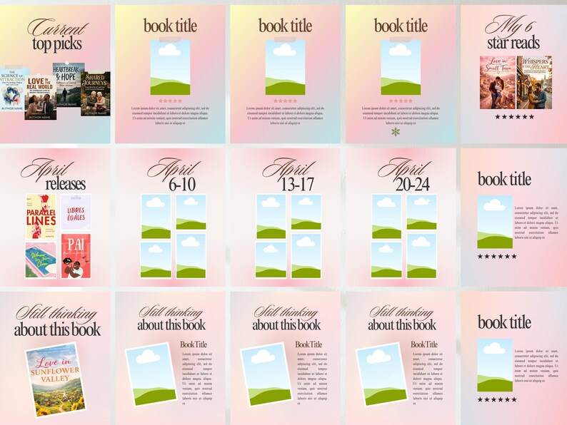 Pode incluir: Um gr&aacute;fico com recomenda&ccedil;&otilde;es e t&iacute;tulos de livros, com textos como "Melhores escolhas atuais", "Lan&ccedil;amentos de abril" e "Ainda pensando neste livro". O design inclui imagens de capas de livros e modelos para t&iacute;tulos, em um fundo pastel.