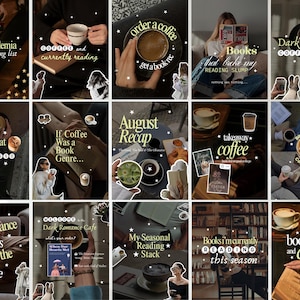 May include: A collage of fifteen images featuring coffee cups, open books, and reading-themed text overlays with star accents. The collection includes various scenes of beverages, literary stacks, and cafe settings with captions like Dark Academia and Books.
