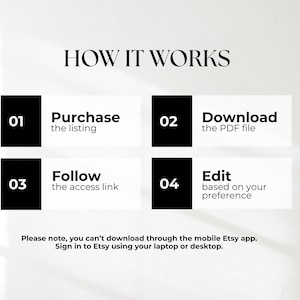May include: An instructional graphic titled HOW IT WORKS with four numbered steps: 01 Purchase the listing, 02 Download the PDF file, 03 Follow the access link, and 04 Edit based on your preference. Includes a note about using a laptop or desktop.
