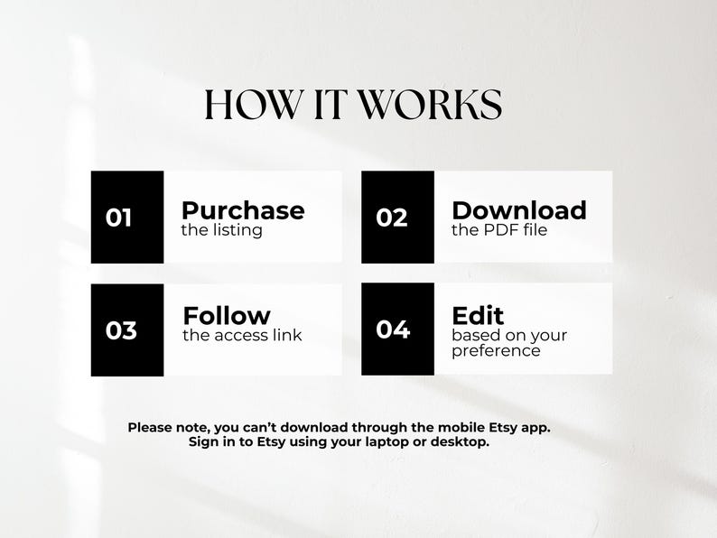 May include: An instructional graphic titled HOW IT WORKS with four numbered steps: 01 Purchase the listing, 02 Download the PDF file, 03 Follow the access link, and 04 Edit based on your preference. Includes a note about using a laptop or desktop.