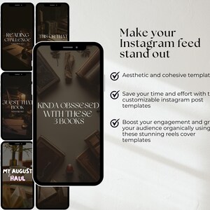 May include: Instagram post templates with a book theme. The templates include text such as "Current Recommendations", "Reading Challenge", and "Kinda Obsessed With These 3 Books". The templates are designed to make your Instagram feed stand out.
