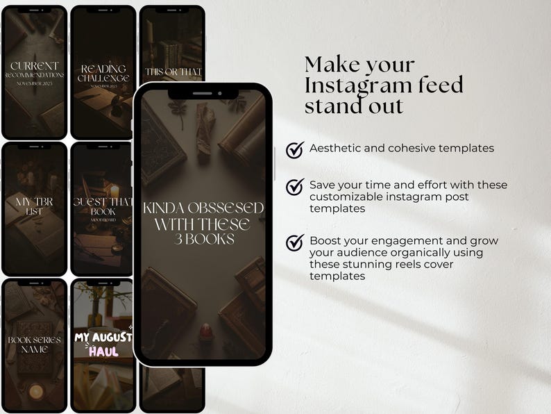 May include: Instagram post templates with a book theme. The templates include text such as "Current Recommendations", "Reading Challenge", and "Kinda Obsessed With These 3 Books". The templates are designed to make your Instagram feed stand out.