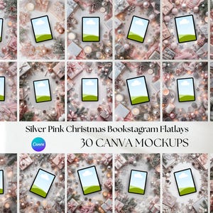 May include: A collection of 30 Canva mockups for Christmas-themed bookstagram flatlays. The images feature tablets with a landscape scene, surrounded by festive decorations in silver and pink, including gifts, ornaments, and greenery.