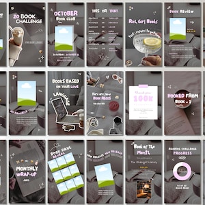 May include: A collection of Instagram story templates with a book theme. The templates include text such as "9 Books I Want to Read", "20 Book Challenge", "October Book Club", and "Book Review". The color scheme is soft and muted.