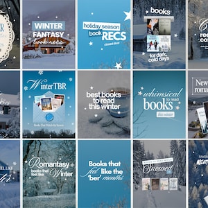 Op de afbeelding: Een collage van vijftien digitale afbeeldingen met boekaanbevelingen in winterthema. Elk paneel toont besneeuwde landschappen, gezellige settings en diverse boekomslagen met tekstoverlays zoals Winter Solstice, Holiday Season Book Recs en Winter TBR.
