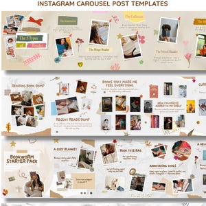 May include: Scrapbook-style Instagram carousel post templates with text and photos. The templates include sections for book reviews, reading challenges, and annotating tools. The design features a collage aesthetic with handwritten fonts and decorative elements.