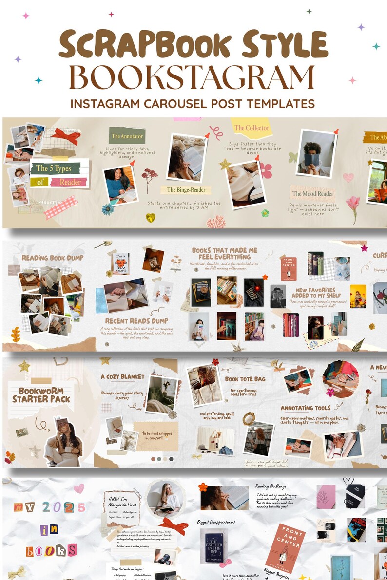 May include: Scrapbook-style Instagram carousel post templates with text and photos. The templates include sections for book reviews, reading challenges, and annotating tools. The design features a collage aesthetic with handwritten fonts and decorative elements.