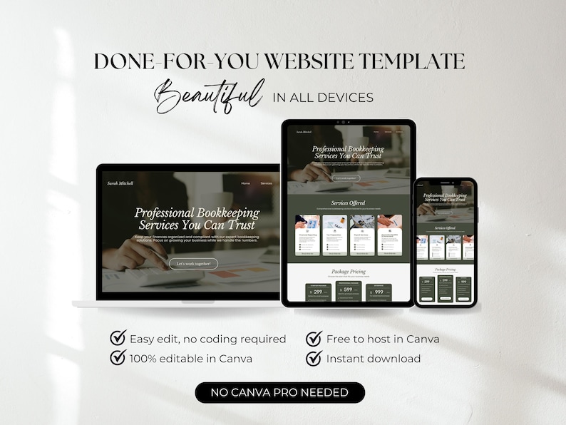 K&ouml;nnte beinhalten: Eine Website-Vorlage, die auf einem Laptop, Tablet und Smartphone angezeigt wird. Der Text lautet "DONE-FOR-YOU WEBSITE TEMPLATE" und "Beautiful in all devices". Die Vorlage ist f&uuml;r professionelle Buchhaltungsdienstleistungen. Zus&auml;tzlicher Text lautet "Easy edit, no coding required" und "100% editable in Canva".