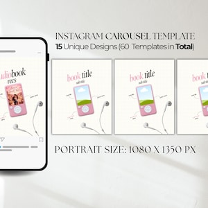 May include: An Instagram carousel template featuring 15 unique designs and 60 total templates in a 1080 x 1350 px portrait size. The layout displays a smartphone screen and three square panels, each showing a pink digital music player with white wired earbuds.